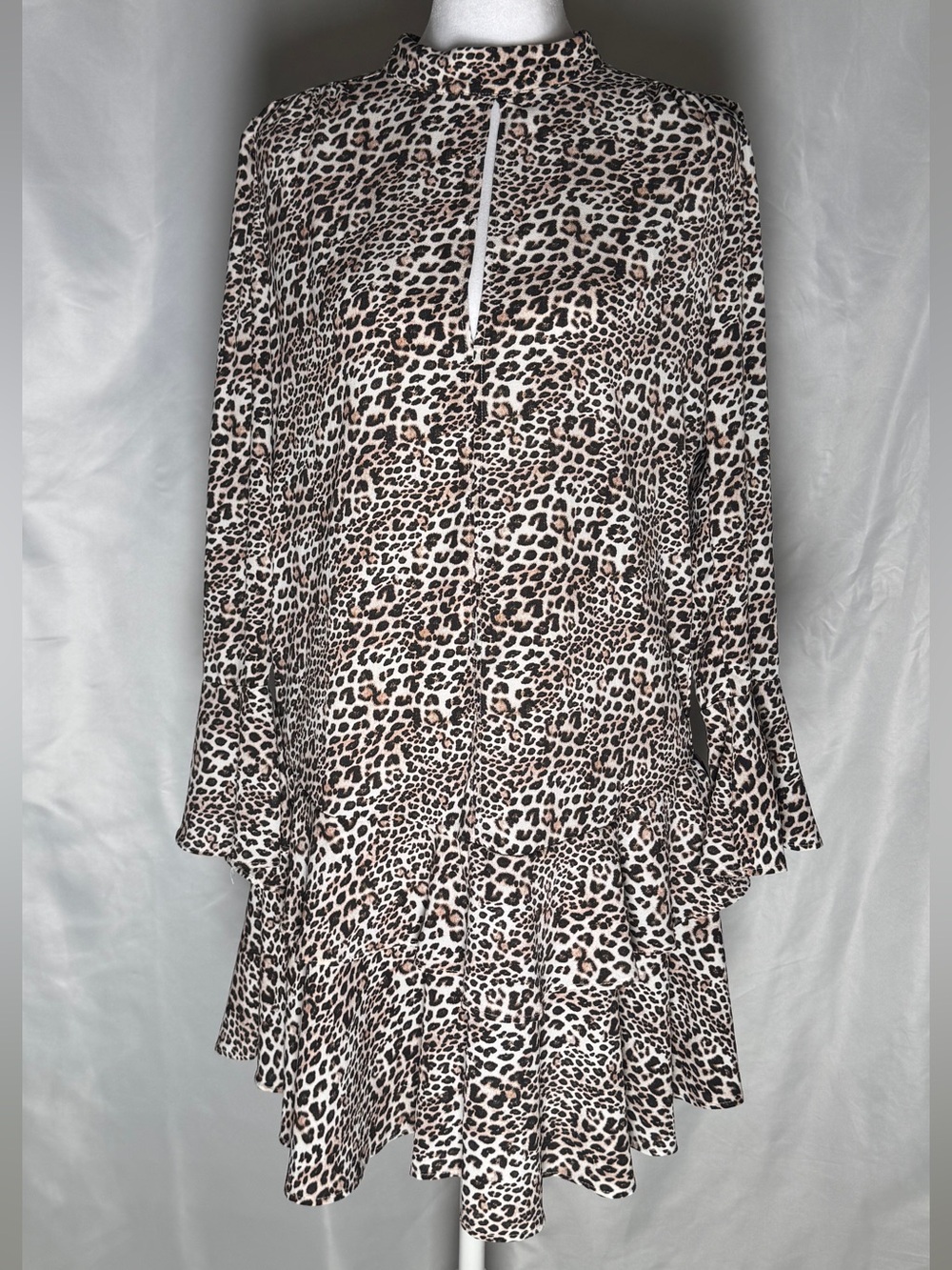 Leopard Print Long Sleeve Ruffle-Hem Dress - Beige/Black